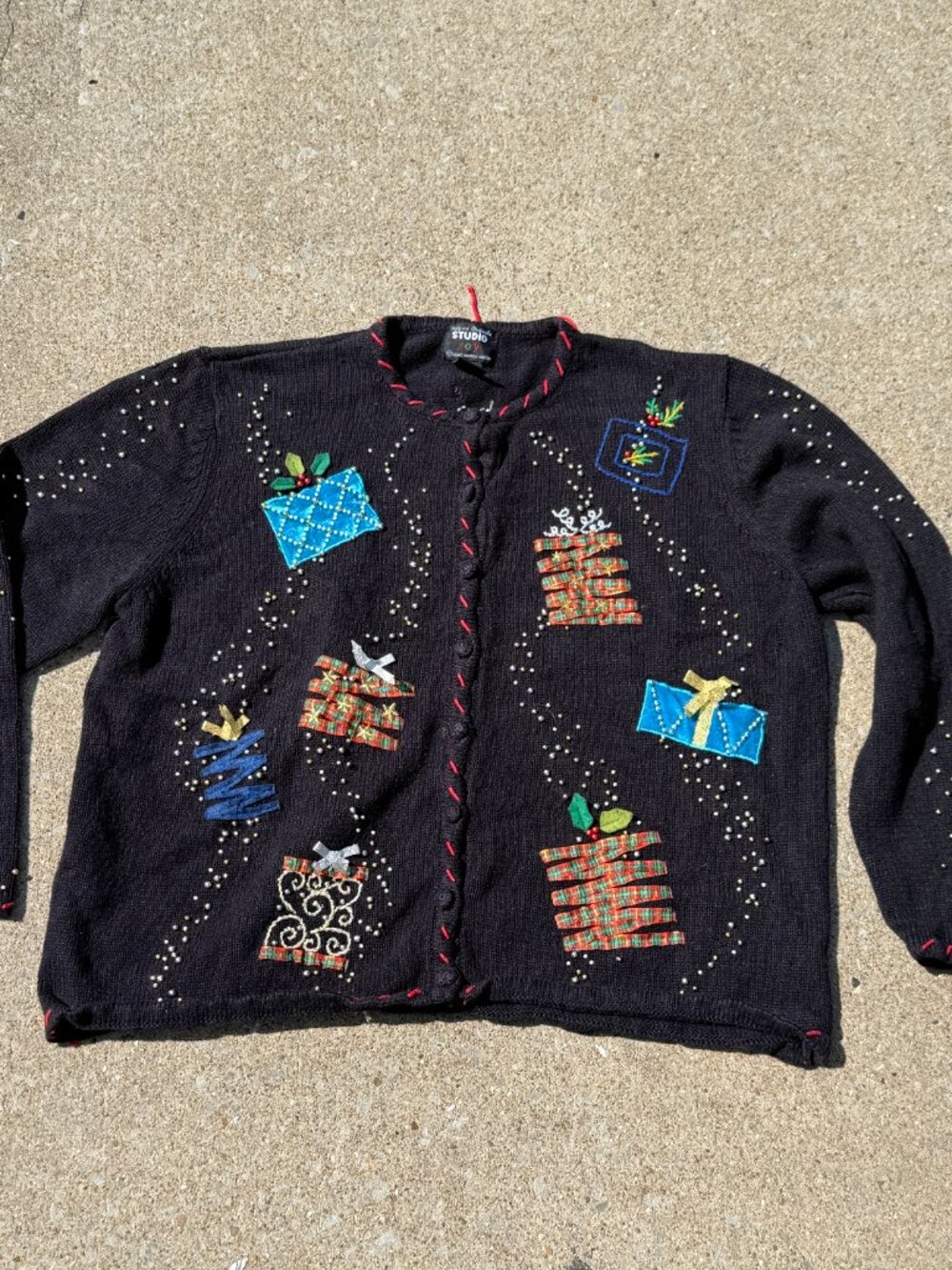 Studio Joy Womens XL Black Christmas Cardigan Grandmacore Bead Sweater Y2K 4186